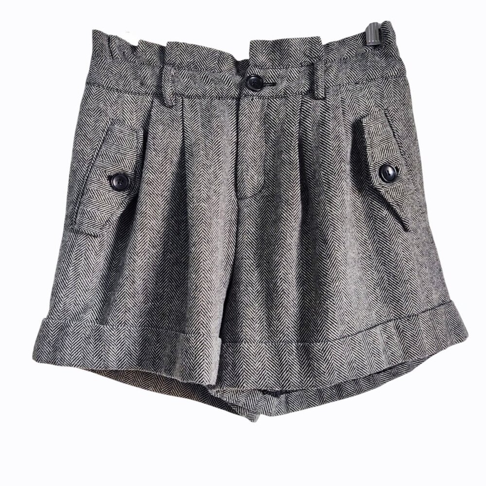 Forever 21 Herringbone Tweed Paperbag High Waist Pockets Cuffed Shorts Sz M W28